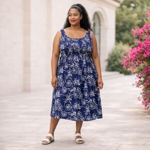 VINTAGE Aloha Hut Plus Size Blue & White Smocked Flowy Midi Dress